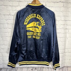 Vintage 80s Aristo Jac Satin Bomber Jacket Blue Large Wisconsin Express Trucking